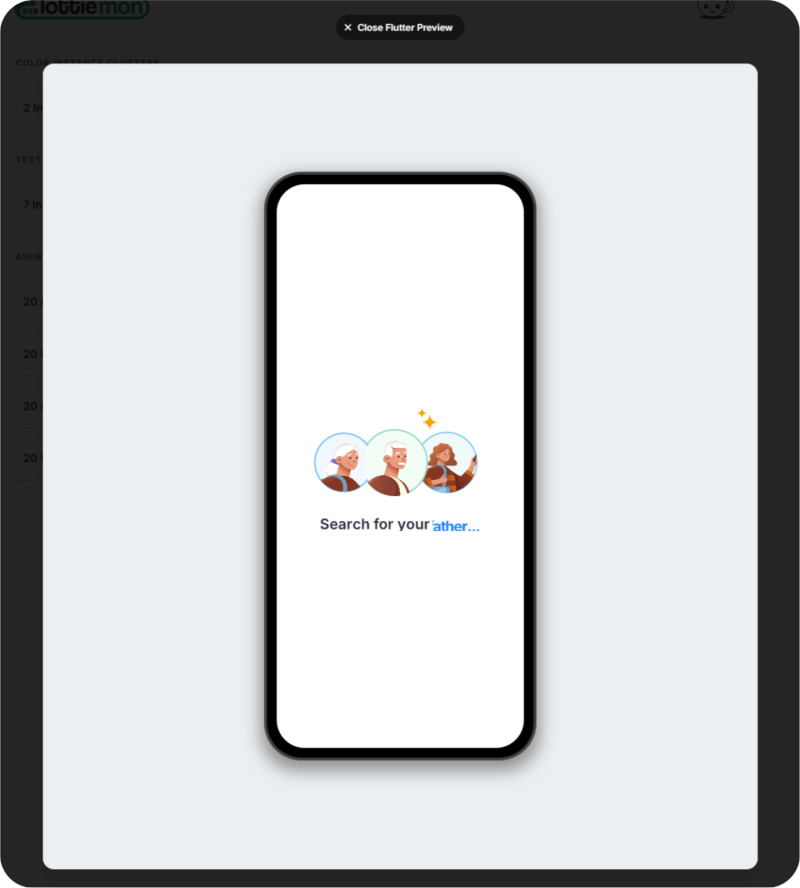Lottiemon Flutter preview rendering the animation inside a phone frame